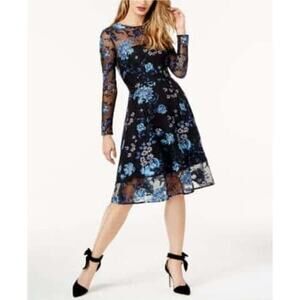 NWT Sachin + Babi Fit & Flare Embroidered Floral Long Sleeve Dress Size 12 Blue